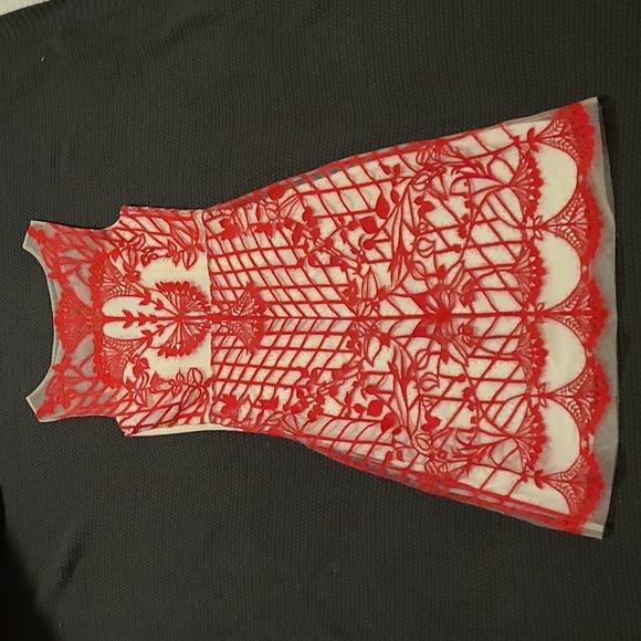 Geisha Designs size 2 red and cream embroidered and sheer dress - Picture 3 of 7